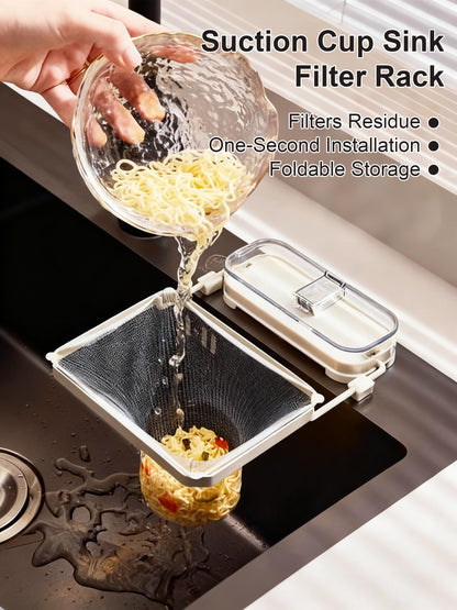 Suction Cup Sink Filter Rack – Easy Install, Foldable, Mess-Free Kitchen Helper! 50 Free Sink Strainer Nets Included ✨