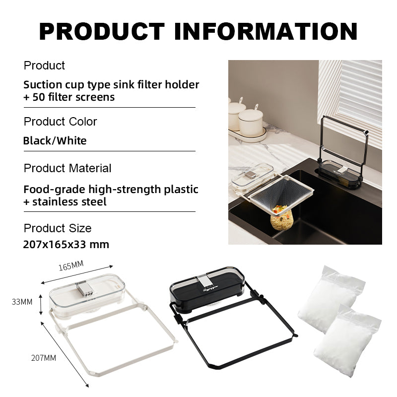 Suction Cup Sink Filter Rack – Easy Install, Foldable, Mess-Free Kitchen Helper! 50 Free Sink Strainer Nets Included ✨