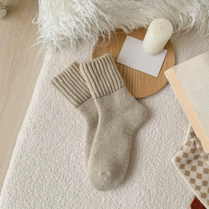 Women’s Wool Mid-Calf Socks – Winter Thickened Terry Fleece Plush Snow Socks, Warm Cashmere Short Socks