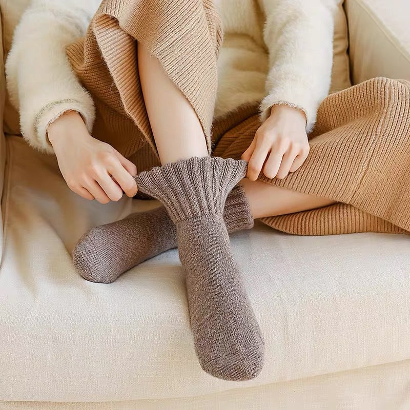 Women’s Wool Mid-Calf Socks – Winter Thickened Terry Fleece Plush Snow Socks, Warm Cashmere Short Socks